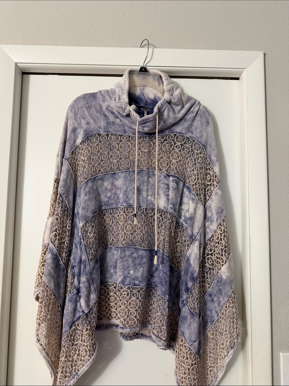 Free People Blue and Cream Cowl Neck Pullover